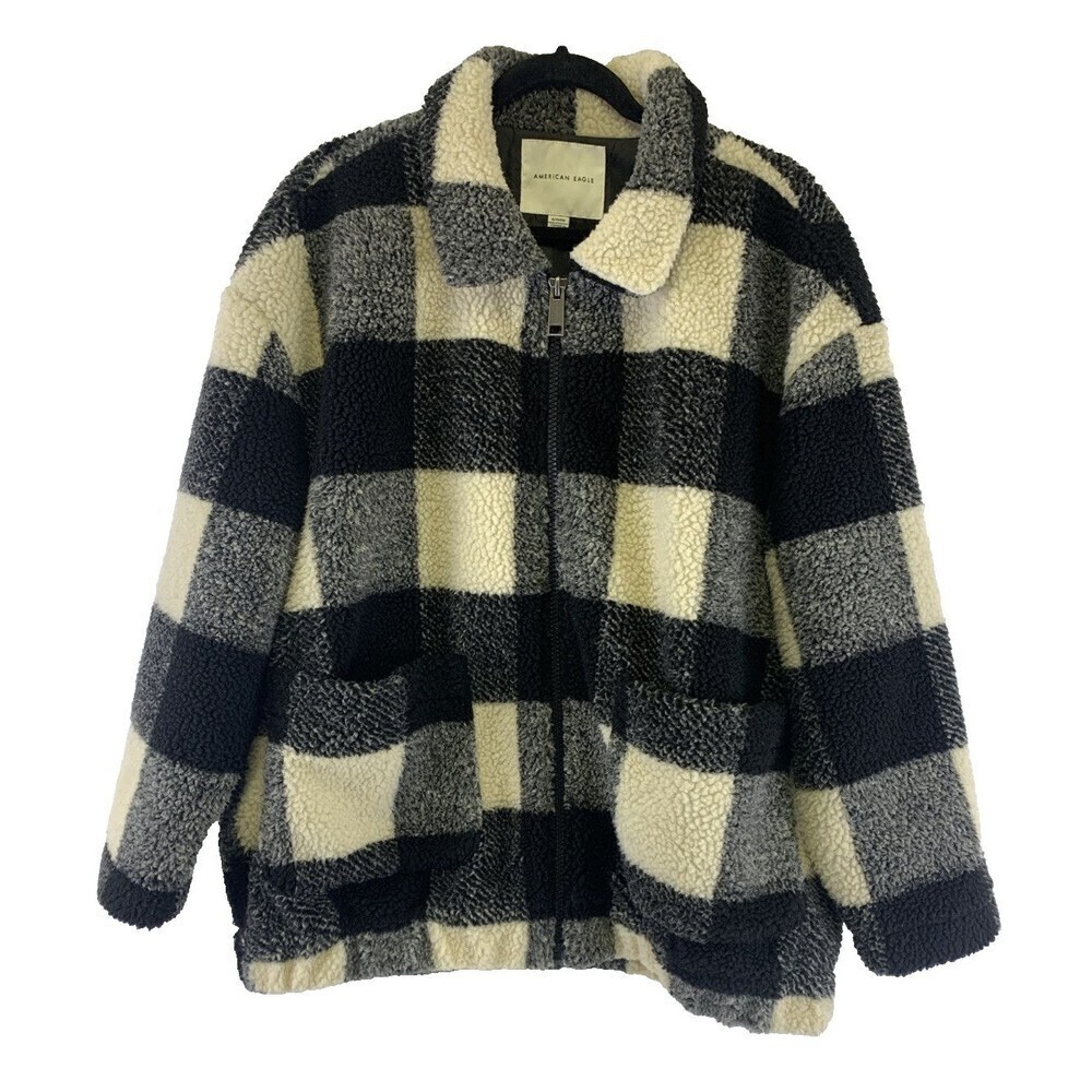 American Eagle Sherpa Jacket Black Ivory Buffalo Plaid Full Zip Collar Women XL